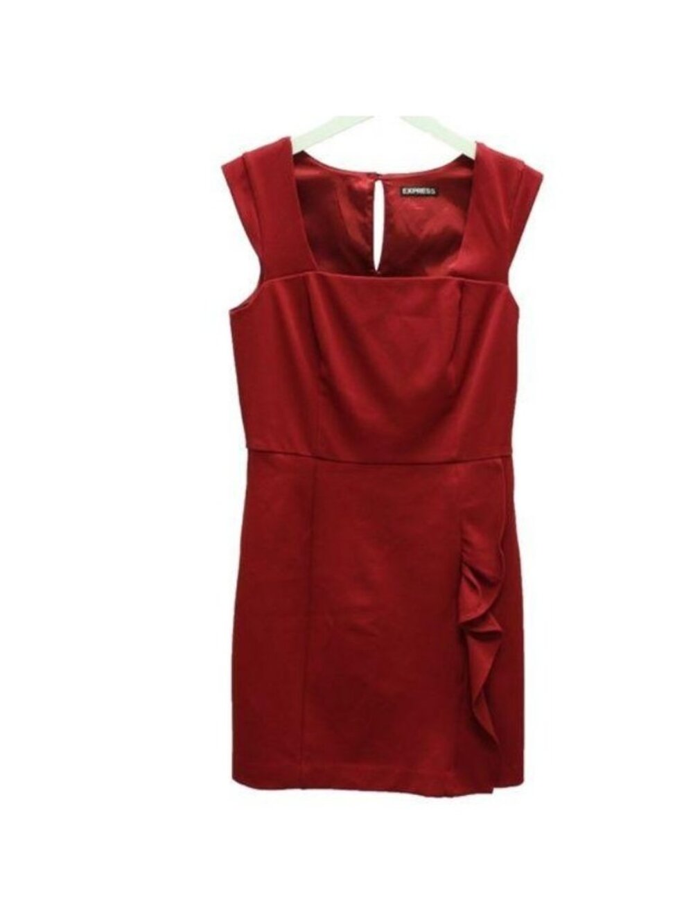 Express Red Side Ruffle Detail Dress Square Neck Keyhole Back
